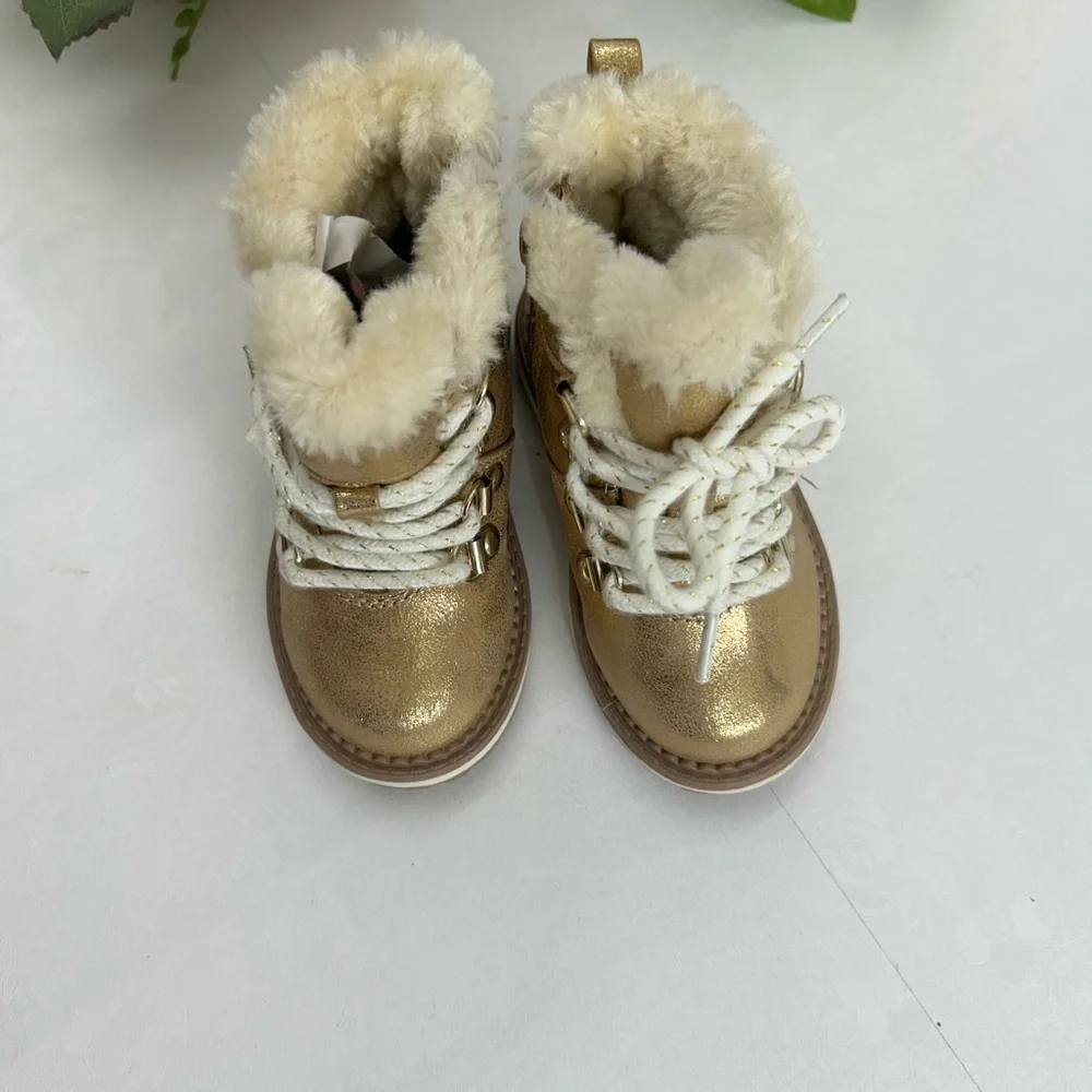 Cat & Jack Gold Faux-Fur Lace-Up Kids Boots